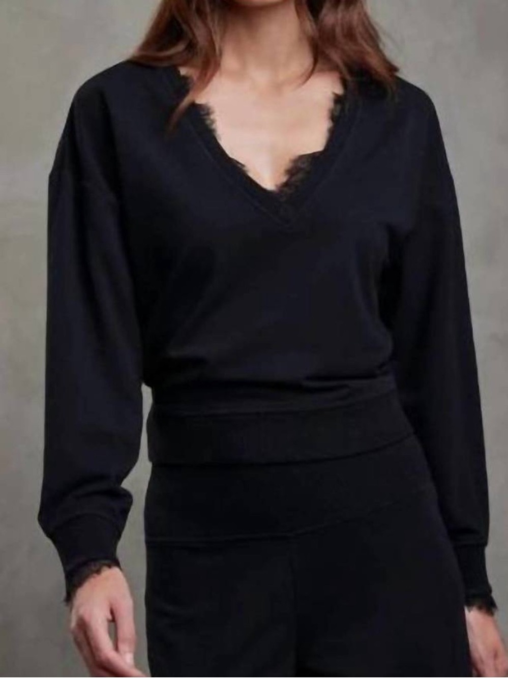 NWT We Are Sundays Makayla Pullover Black V Neck Lace Trim Sweater Top S $178
